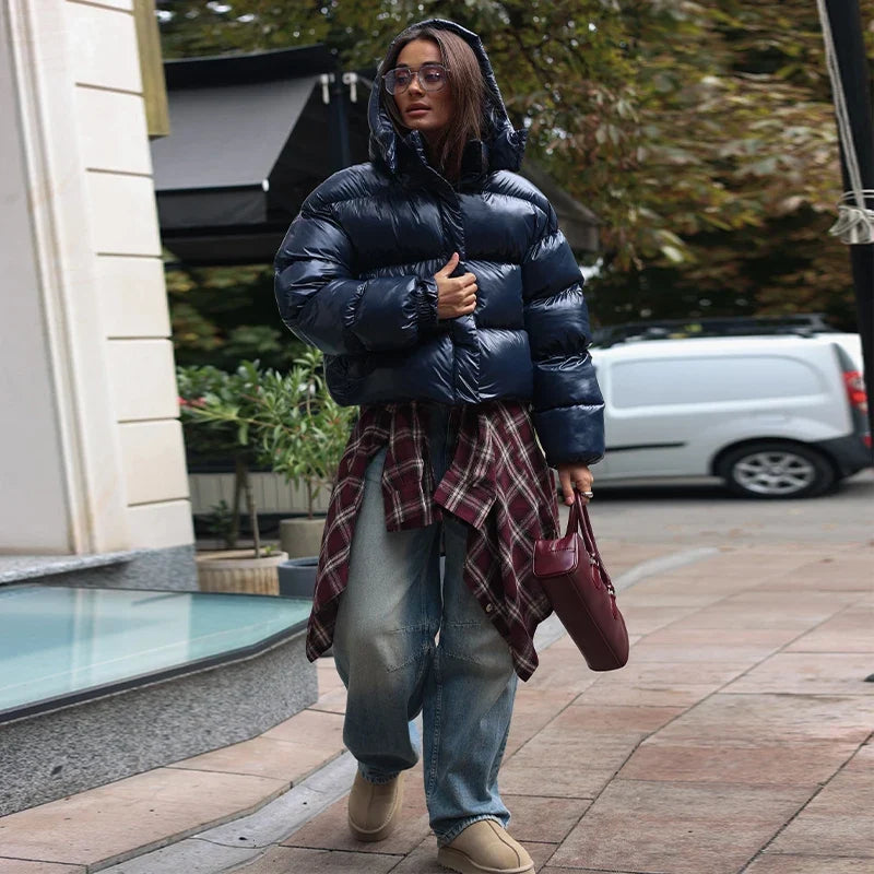 Damen Glänzende Pufferjacke mit Kapuze Kurz Daunenjacke