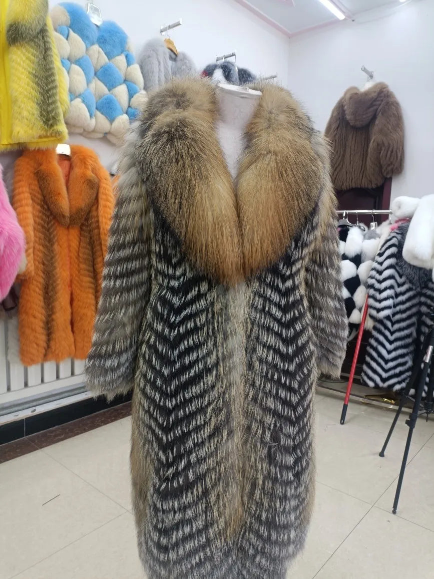 Damen Langer Mantel mit Pelz-Optik im Chevron-Muster