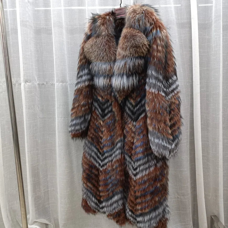 Damen Langer Mantel mit Pelz-Optik im Chevron-Muster