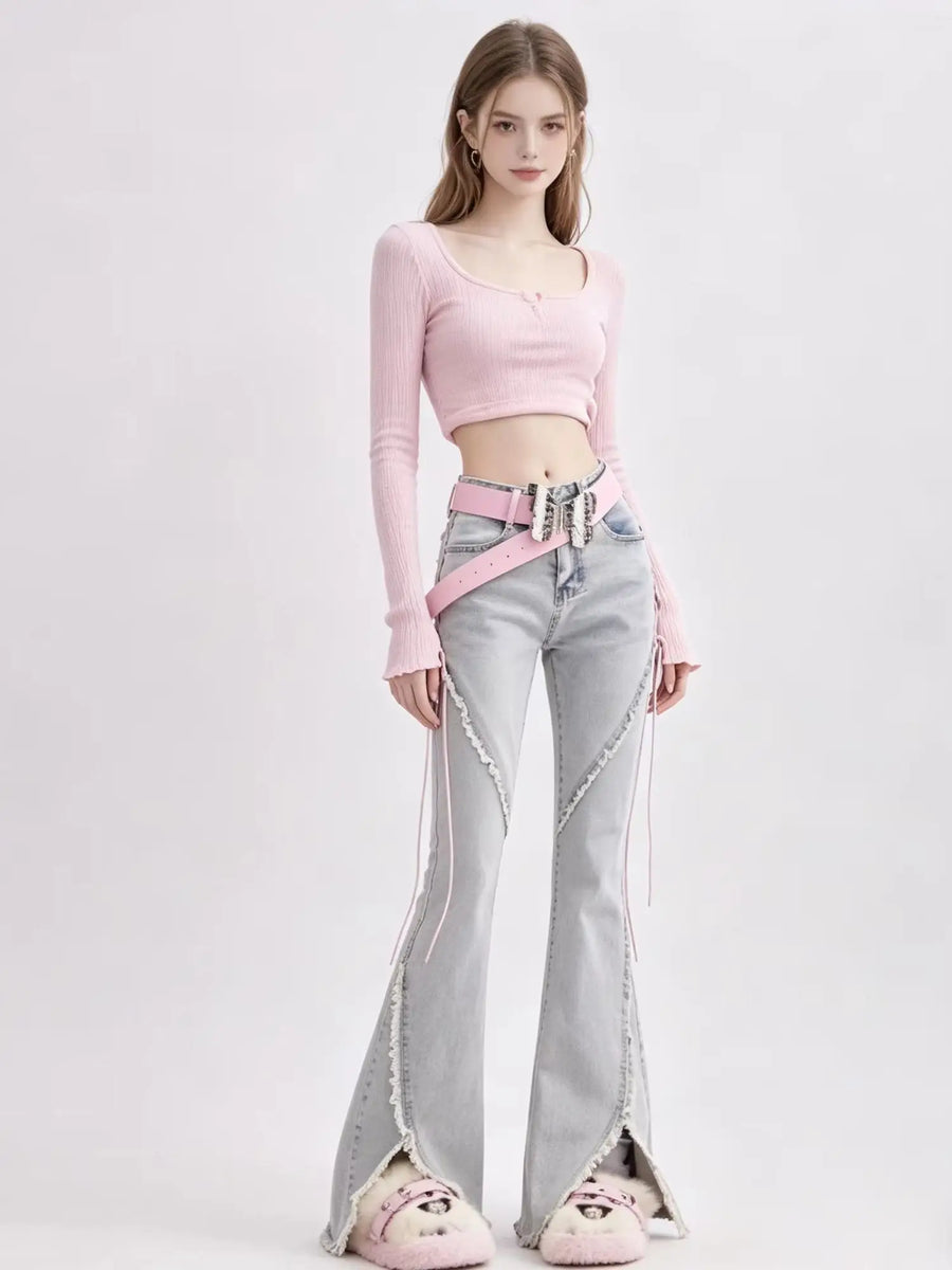 Dames-bell-bottombroek met veterdetails, lichtblauw, wijde pijpen, used-look