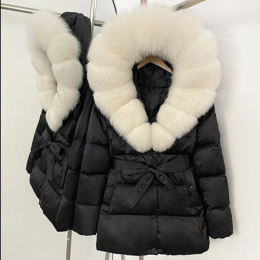 Damen Daunenjacke mit Kunstpelzkragen und Bindegürtel, warme Winterjacke