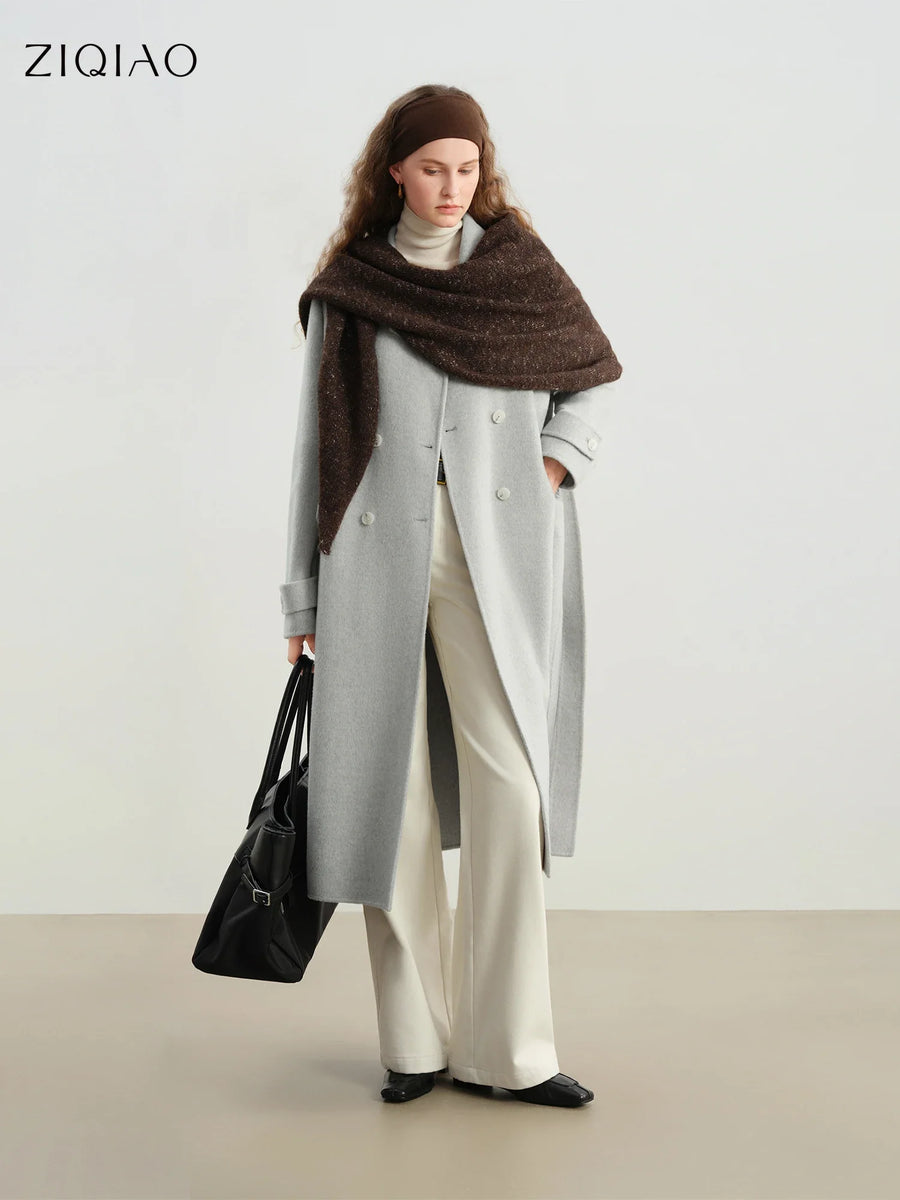Damen Langer Mantel Doppelreiher Weiches Material Grau