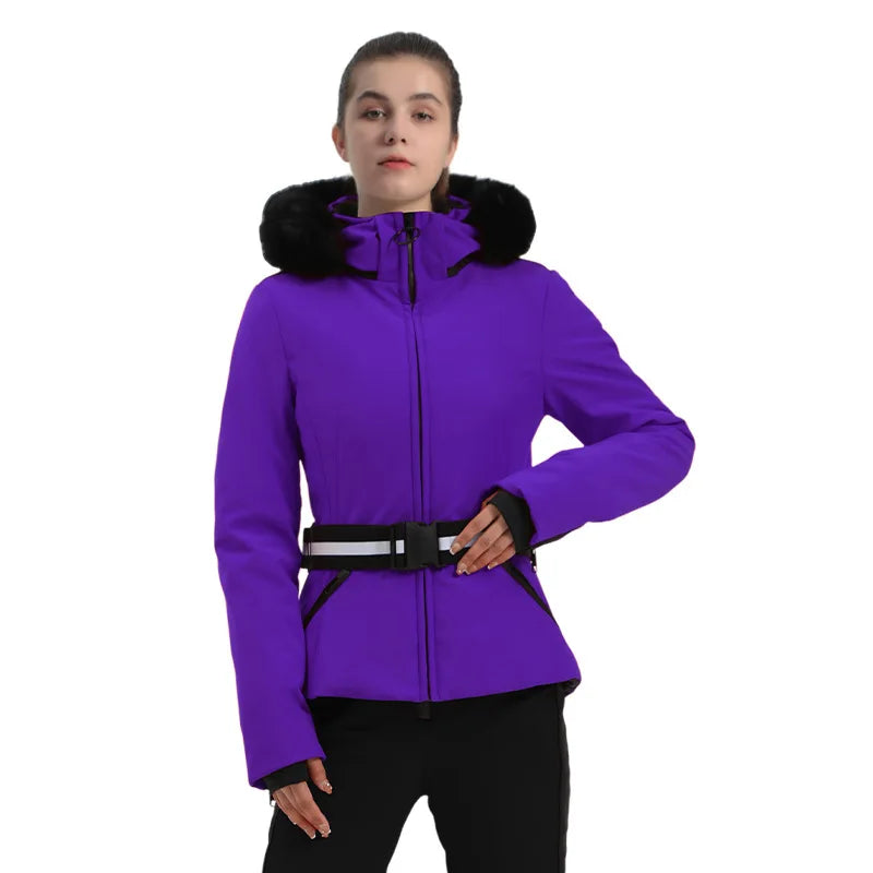 Damen Skijacke mit Hahnentrittmuster Gürtel und Kunstfellkapuze