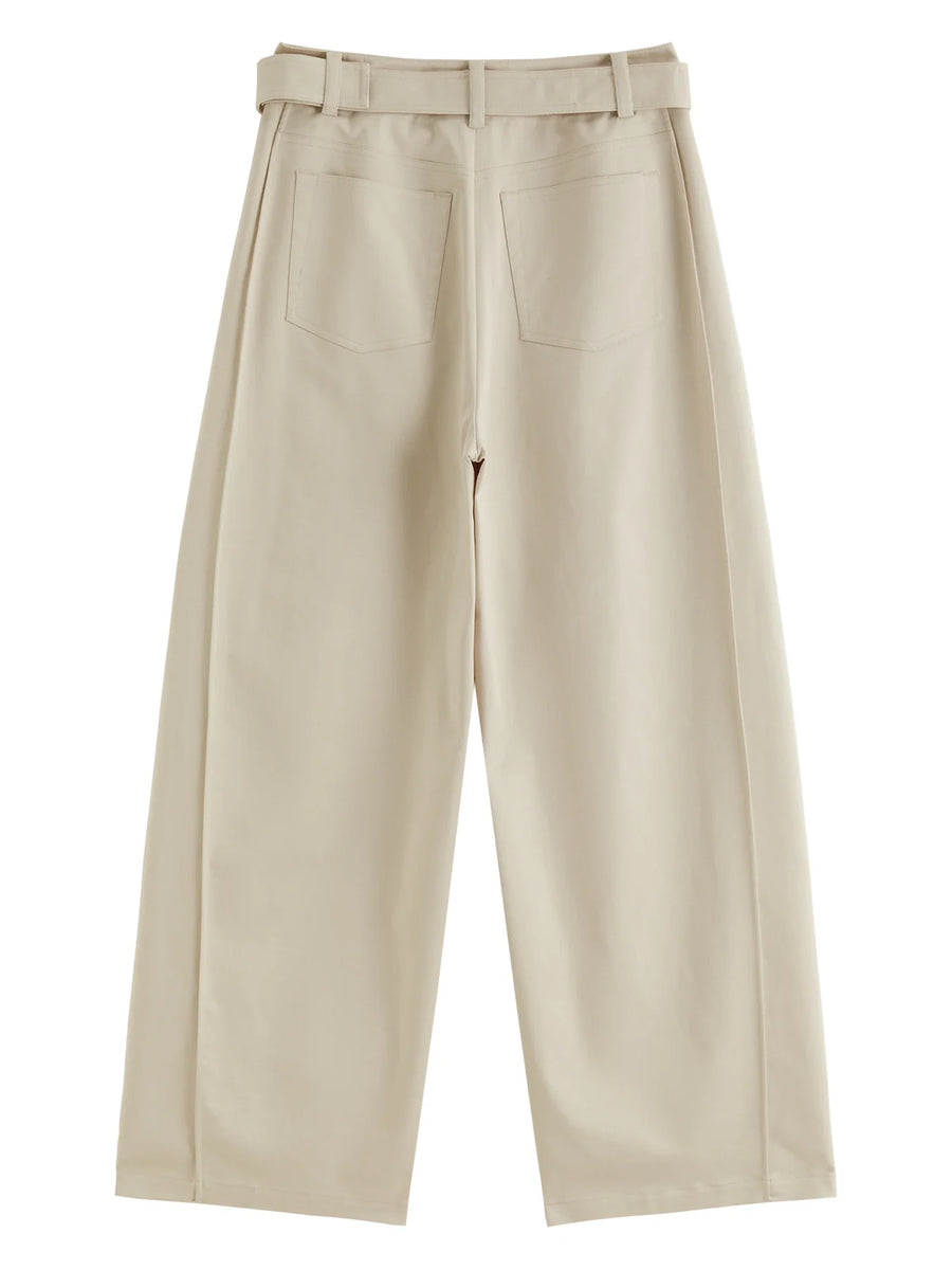 Wijde damesbroek met high waist en riem in donkerblauw