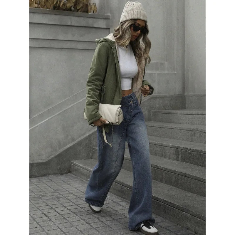 Damen Winterjacke mit Kapuze, Teddyfutter und Kordelzug in der Taille