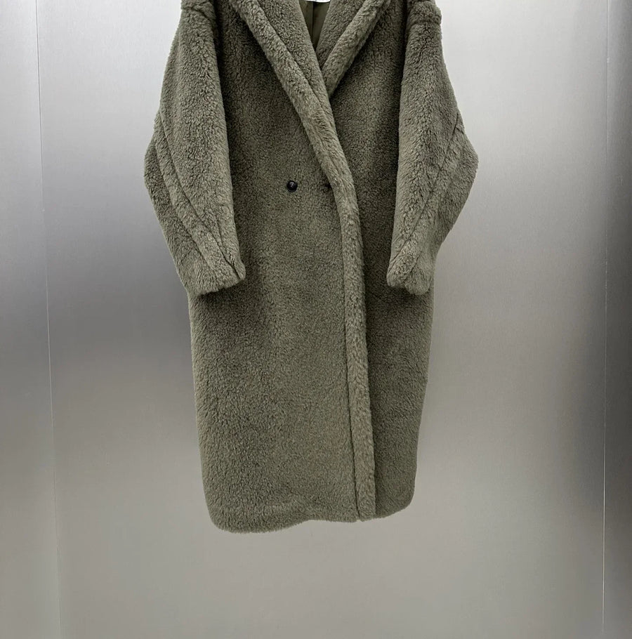 Damen Teddyfell Mantel mit Kapuze und Handschuhen, mittellang, Winter