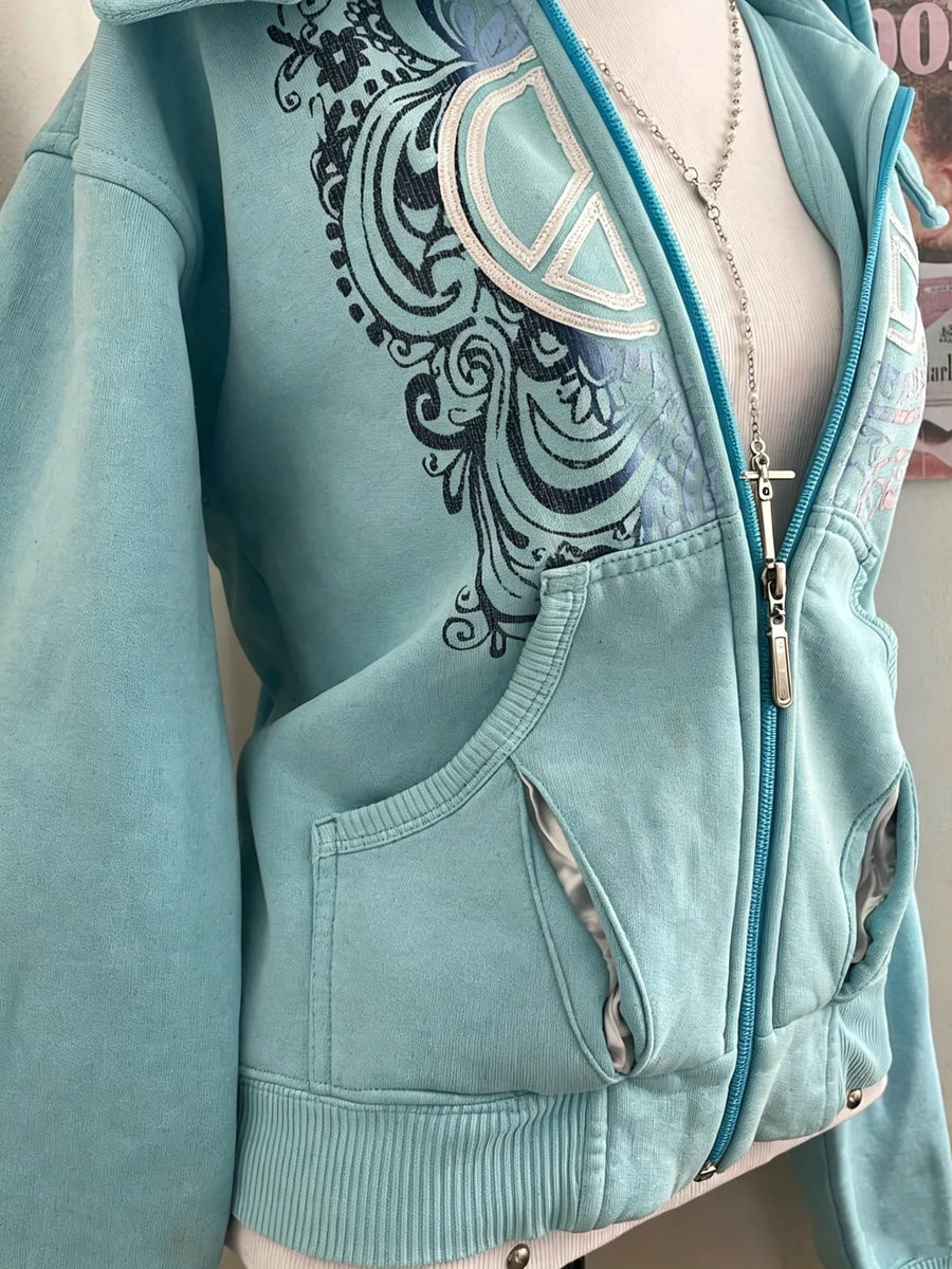 Unisex Kapuzenpullover mit Reißverschluss, türkis, grafisches Muster