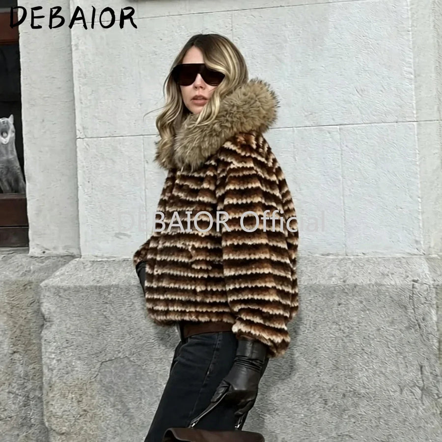 Damen Jacke mit Kapuze, gestreift, Fellimitat, Winterjacke warm