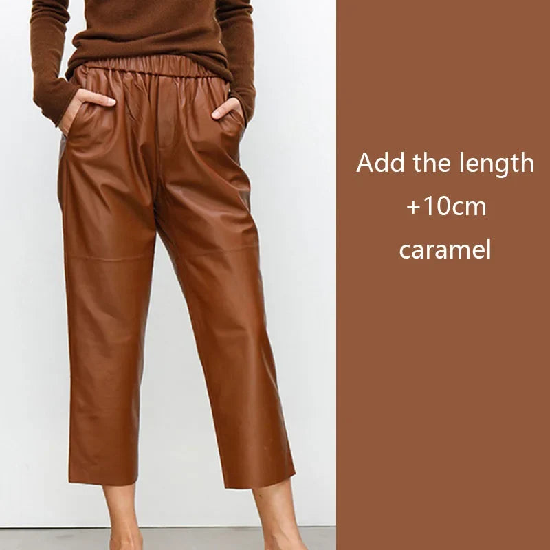 Damesbroek van imitatieleer met elastische tailleband en cropped model
