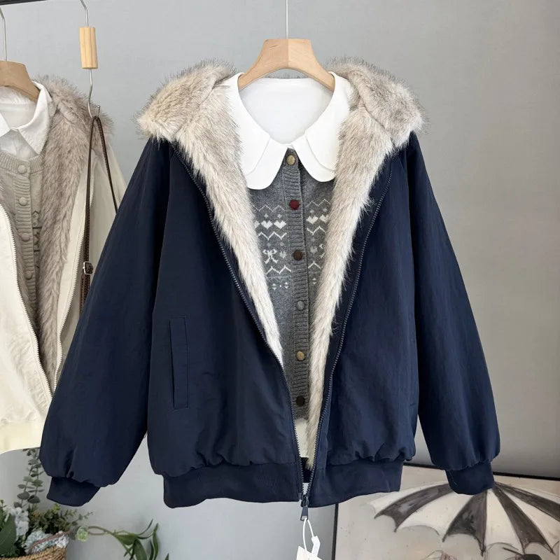 Damen Jacke mit Kunstfellkapuze Bomberstil Reißverschluss