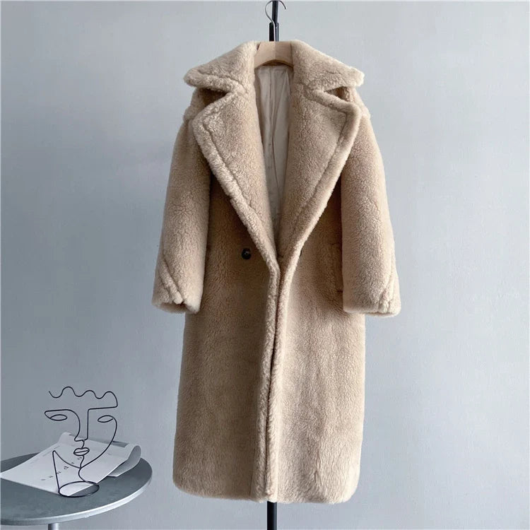 Damen Langer Teddyfell Mantel mit Reverskragen und Taschen