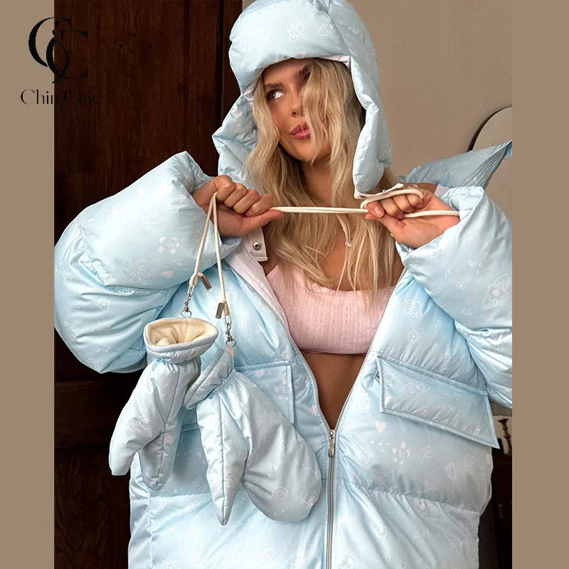 Damen Steppjacke mit Kapuze & Fäustlingen, lockere Passform, gepolstert, mit Reißverschluss & Muster