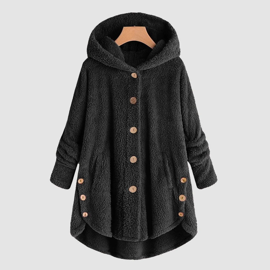 Damen Teddy-Fleece Jacke mit Kapuze und Knöpfen