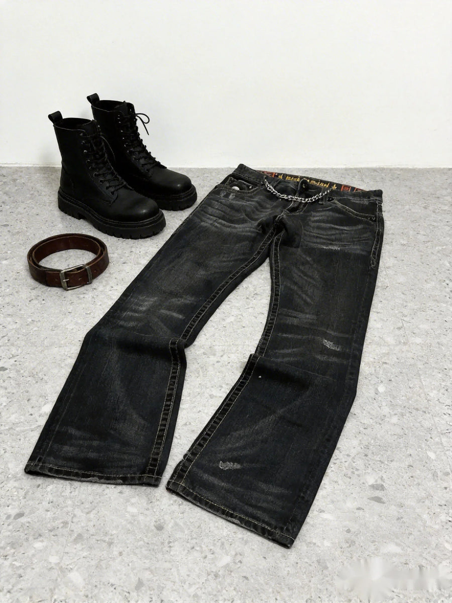Unisex Jeanshose Weites Bein Schwarz Used-Look mit Kette
