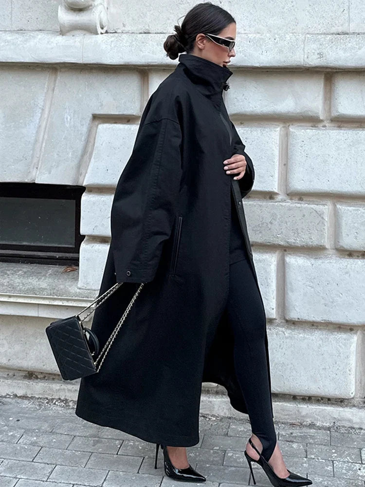Damen Oversize Trenchcoat Mantel Lang Glockenärmel Stehkragen Gürtel Freizeit Jacke
