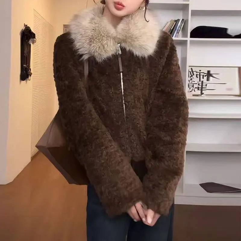 Damen Teddyfell Jacke mit Kunstfellkragen Reißverschluss