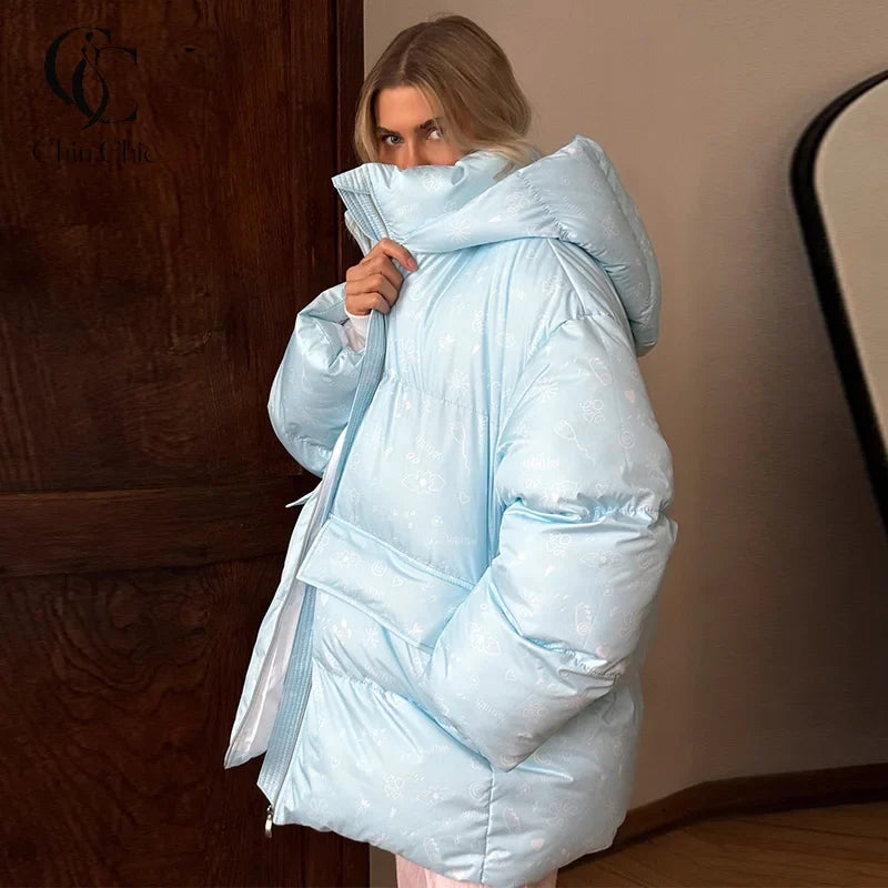 Damen Steppjacke mit Kapuze & Fäustlingen, lockere Passform, gepolstert, mit Reißverschluss & Muster