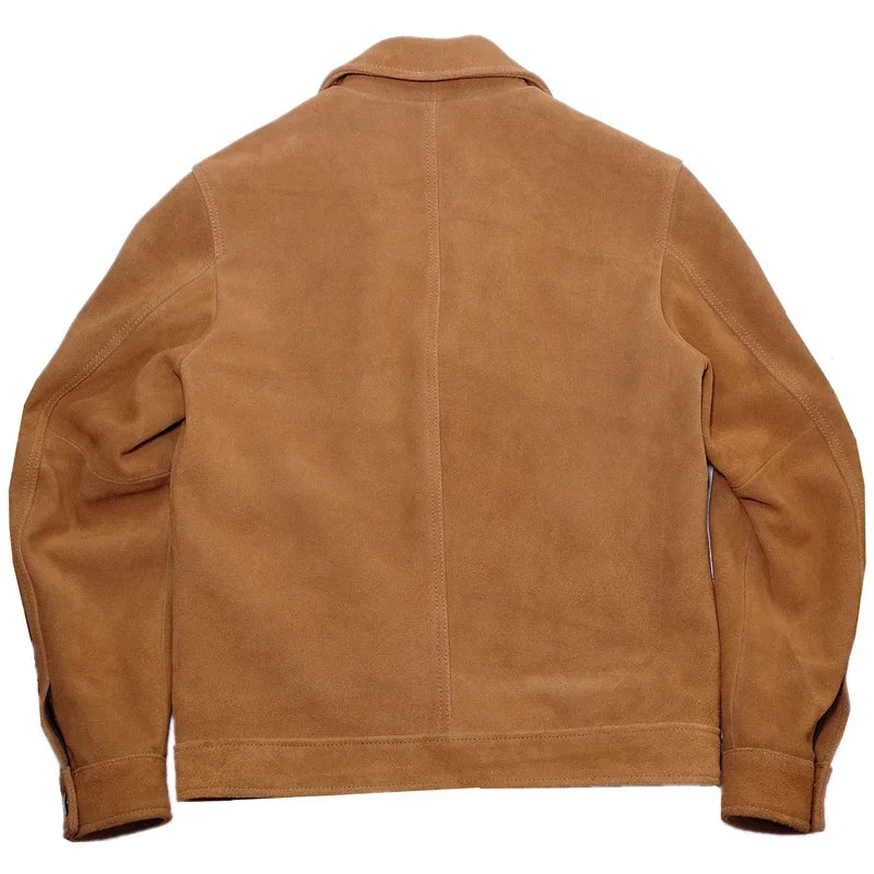 Herren Jacke Wildleder-Optik Cognacbraun mit Umlegekragen & aufgesetzten Taschen