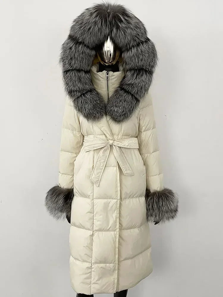 Damen Daunenmantel Lang mit Kapuze und Pelzbesatz Gürtel Steppjacke Warm
