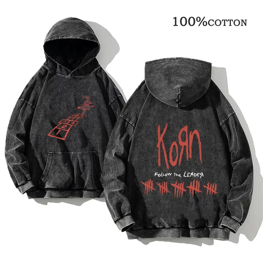 Korn Band Hoodie Unisex Washed Schwarz Kapuzenpullover Oversize