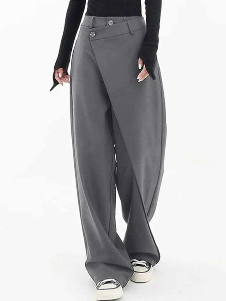 Zwarte wijde broek met wikkelontwerp en knoopsluiting
