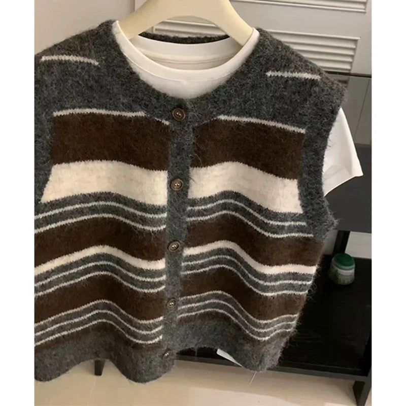 Damen Weste gestrickt gestreift mit Knöpfen Ärmellos Mehrfarbig