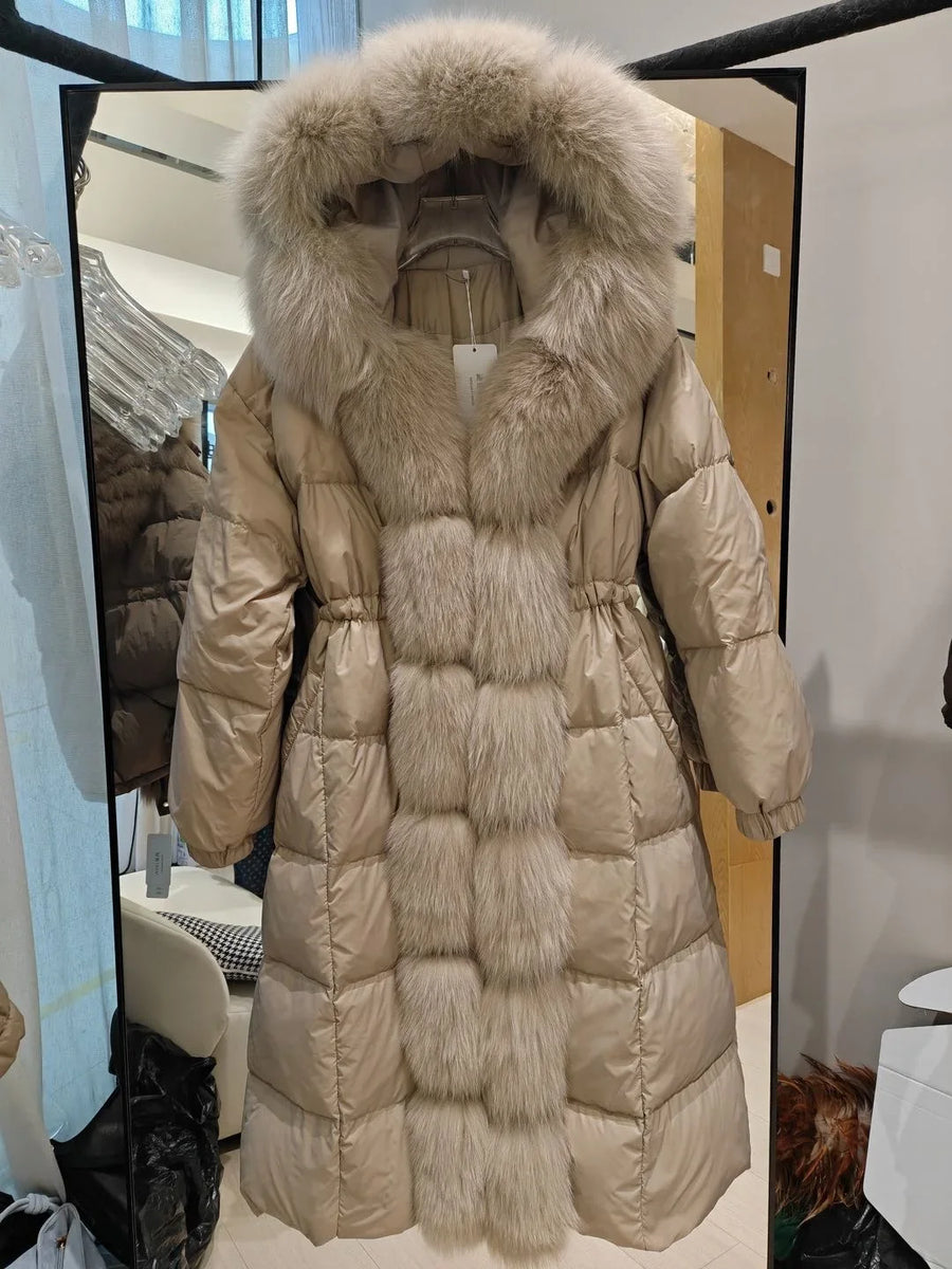 Damen Steppmantel Lang mit Kapuze und Pelzbesatz Winterjacke