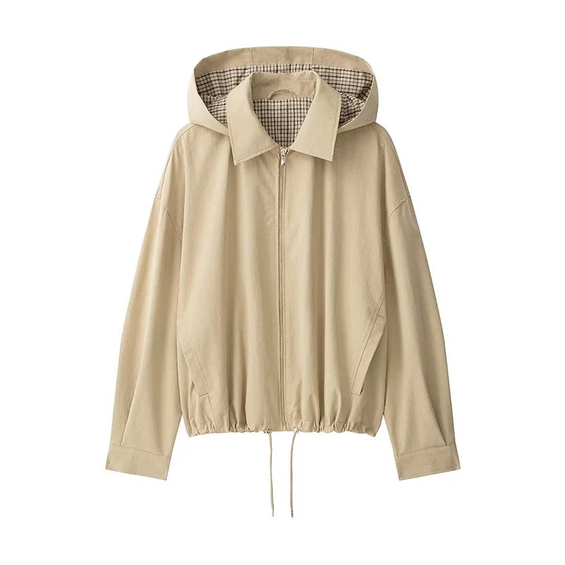 Damen Leichte Jacke Beige mit Kapuze Kariertes Futter Reißverschluss Tunnelzug Saum