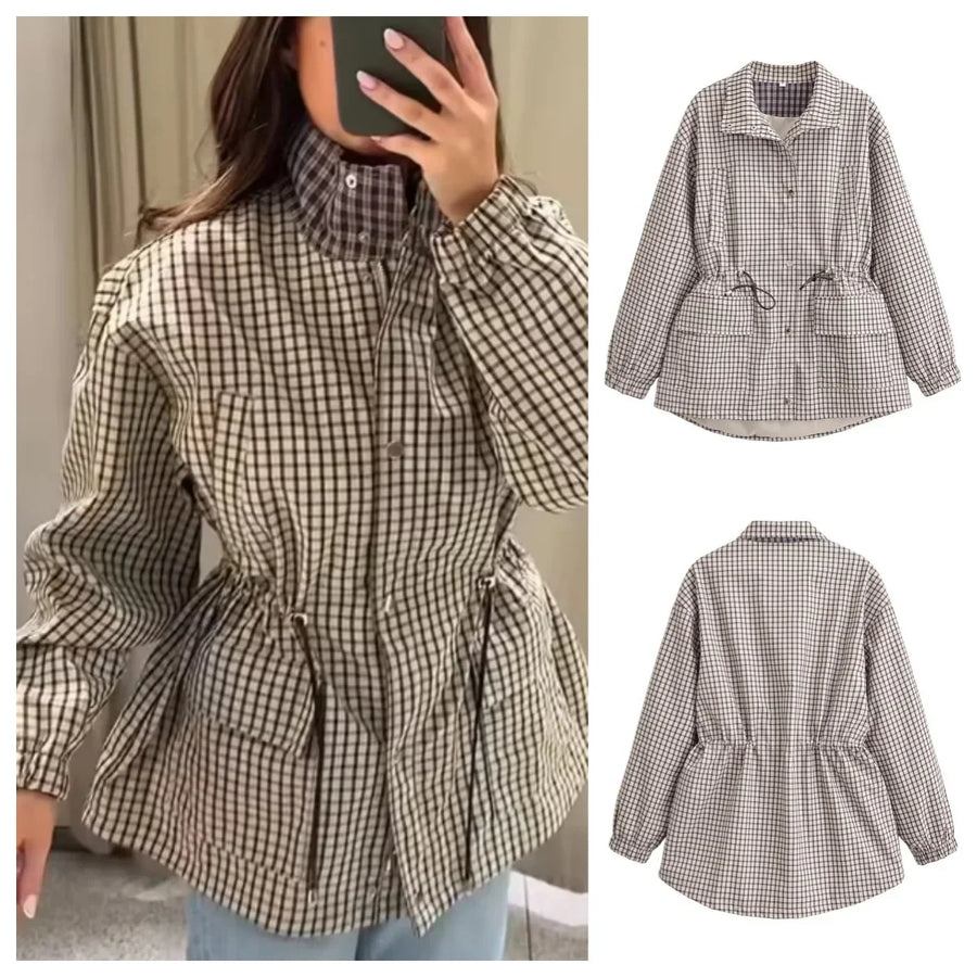 Damen Karierte Jacke mit Kordelzug in der Taille – Khaki-Gittermuster