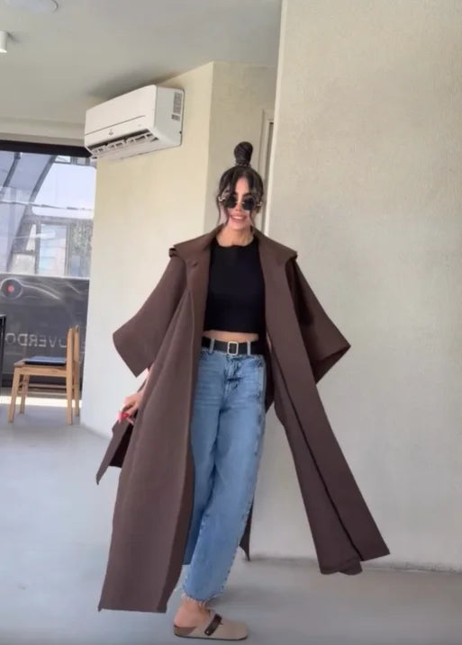 Damen Langer Mantel Braun Locker Oversize-Schnitt Mit Weiten Ärmeln
