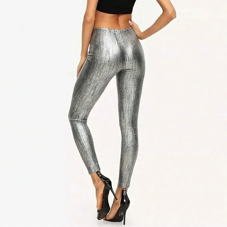 Zilverkleurige metallic dameslegging, glanzend, gestructureerd, hoge taille