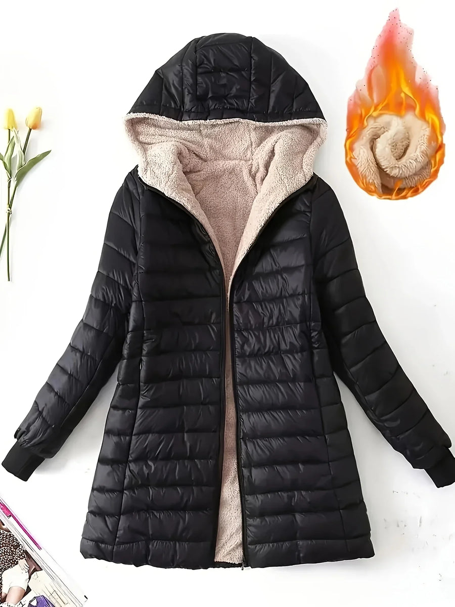 Damen Steppjacke mit Kapuze, gefüttert, lang geschnitten, Warm