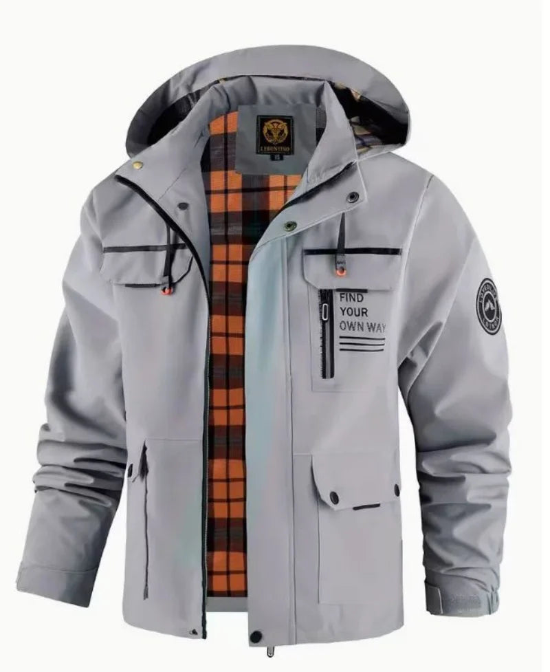 Herren Outdoor Jacke mit Kapuze & Reißverschluss, Winddichte Übergangsjacke mit Taschen