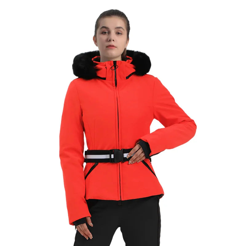 Damen Skijacke mit Hahnentrittmuster Gürtel und Kunstfellkapuze