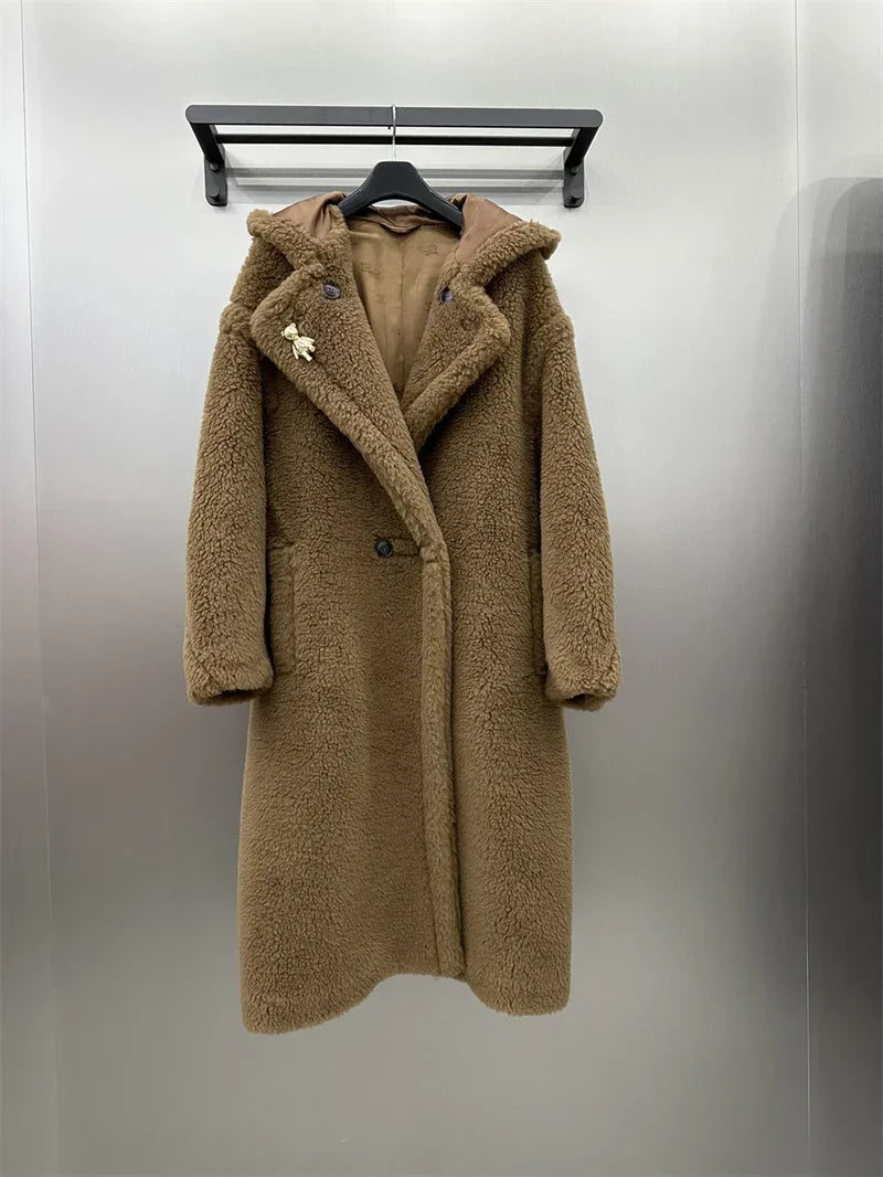 Damen Teddyfell Mantel mit Kapuze und Handschuhen, mittellang, Winter