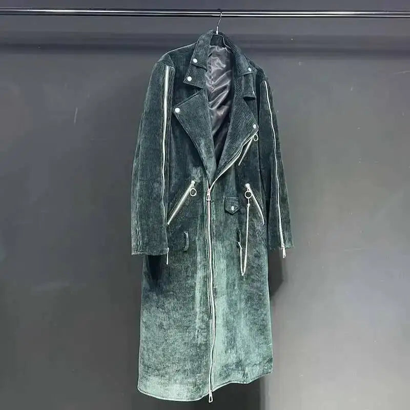 Grüner Cord Mantel mit Reißverschlüssen und Nieten, langer Schnitt