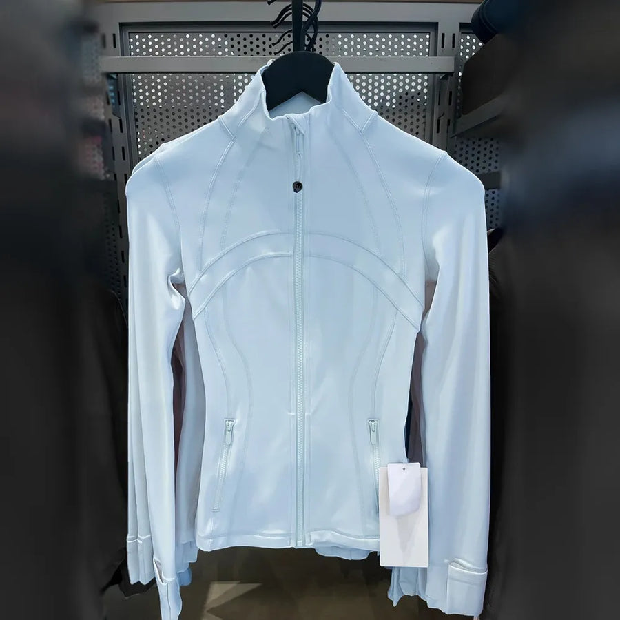 Damen Sportjacke Eng Anliegend Stehkragen Reißverschluss Daumenlöcher