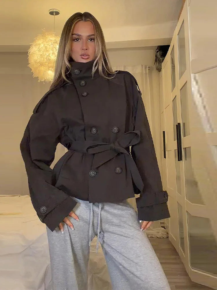 Damen Kurzjacke Stehkragen Gürtel Doppelreiher – Elegante Übergangsjacke