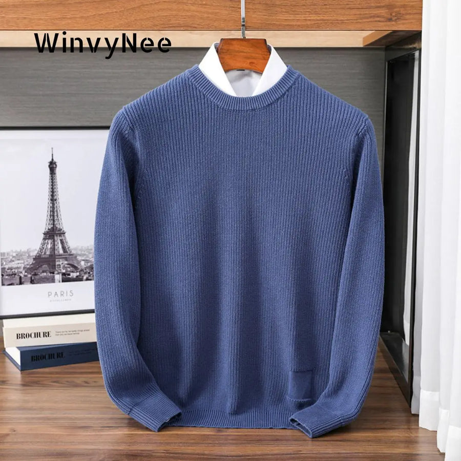 Heren pullover met ronde hals, gebreide pullover, geribbeld, effen kleuren