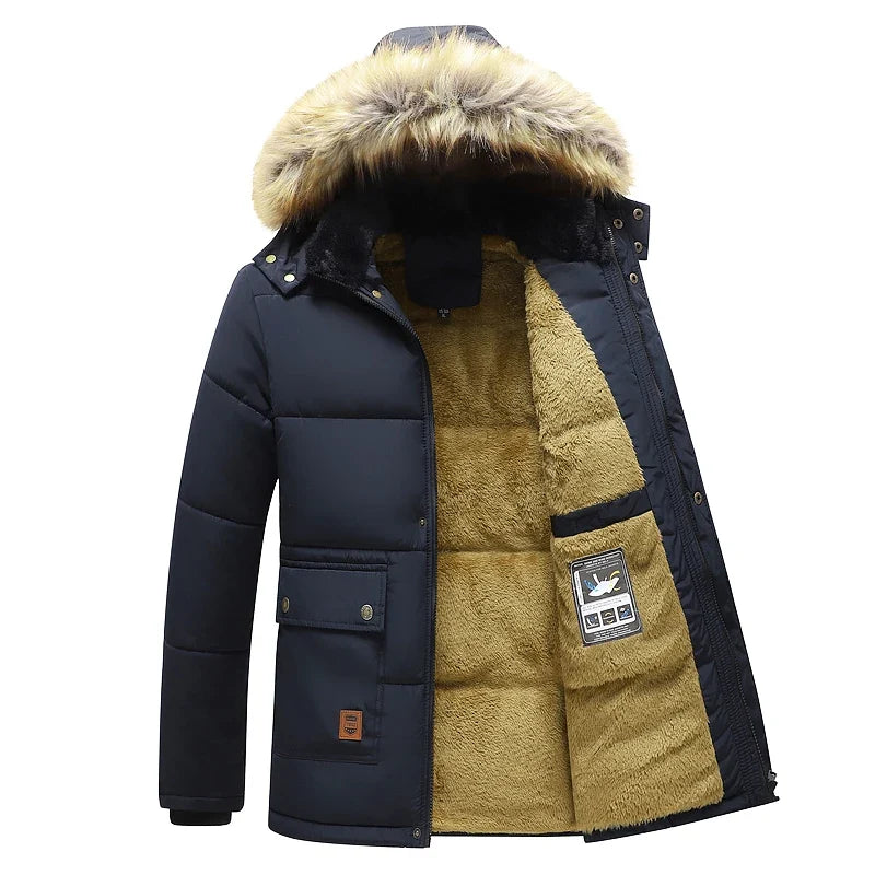 Herren Winterjacke mit Kapuze und Kunstfellbesatz, gefüttert