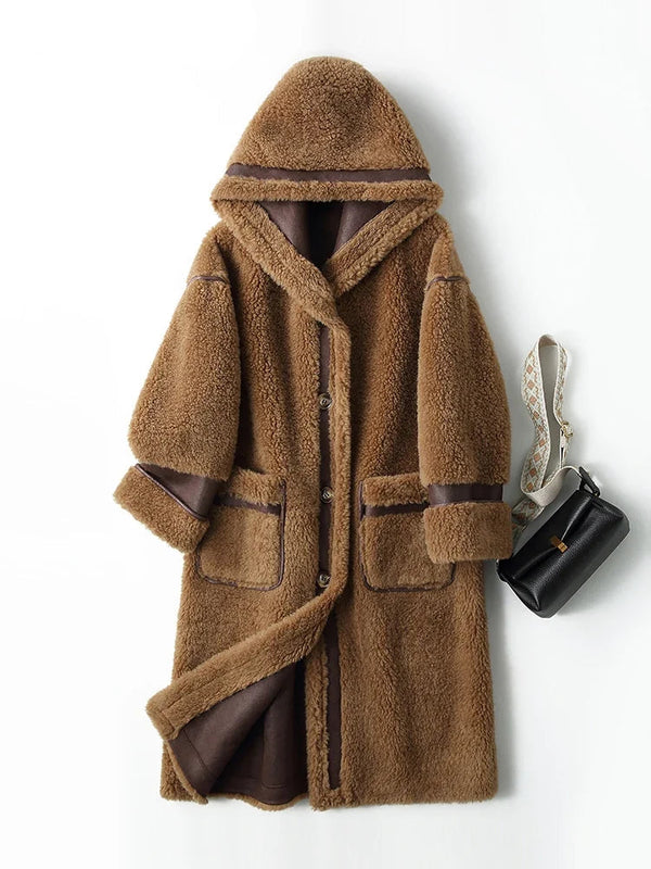 Lange dames teddyjas met capuchon, zachte winterjas in bruin