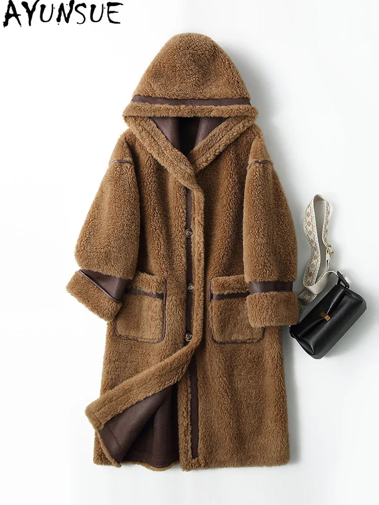 Damen Hooded Teddy Mantel Lang Flauschi Wintermantel mit Kapuze Braun