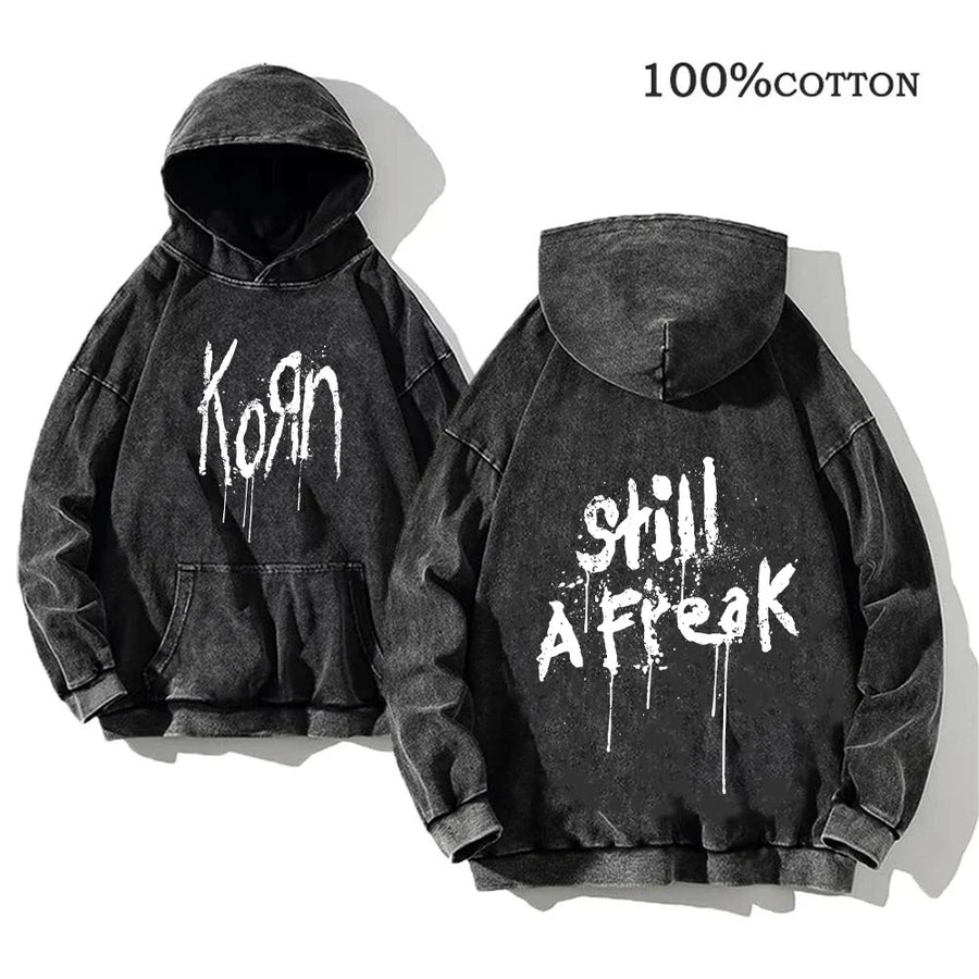 Korn Band Hoodie Unisex Washed Schwarz Kapuzenpullover Oversize