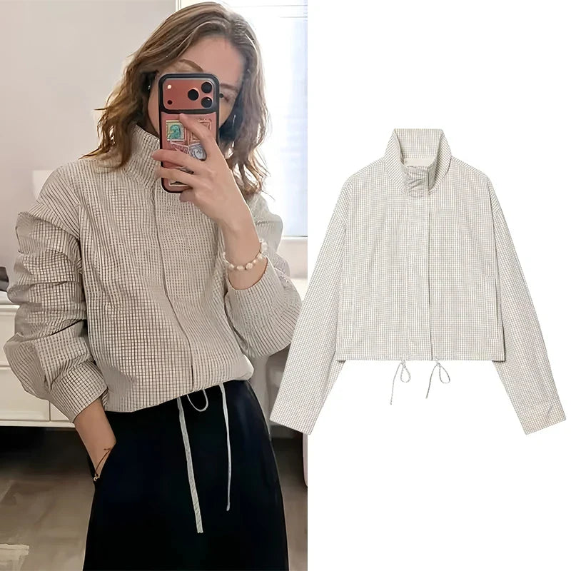 Kurze Jacke Damen Kariert Stehkragen Reißverschluss Beige