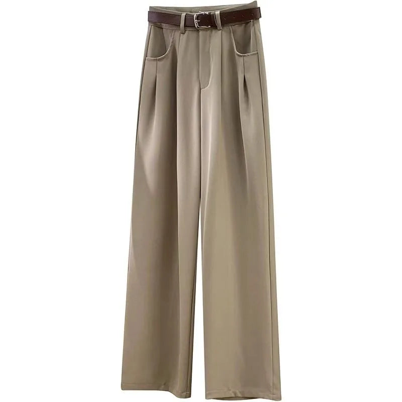 Damen Weite Hose mit Gürtel Bundfalten Elegante Freizeithose