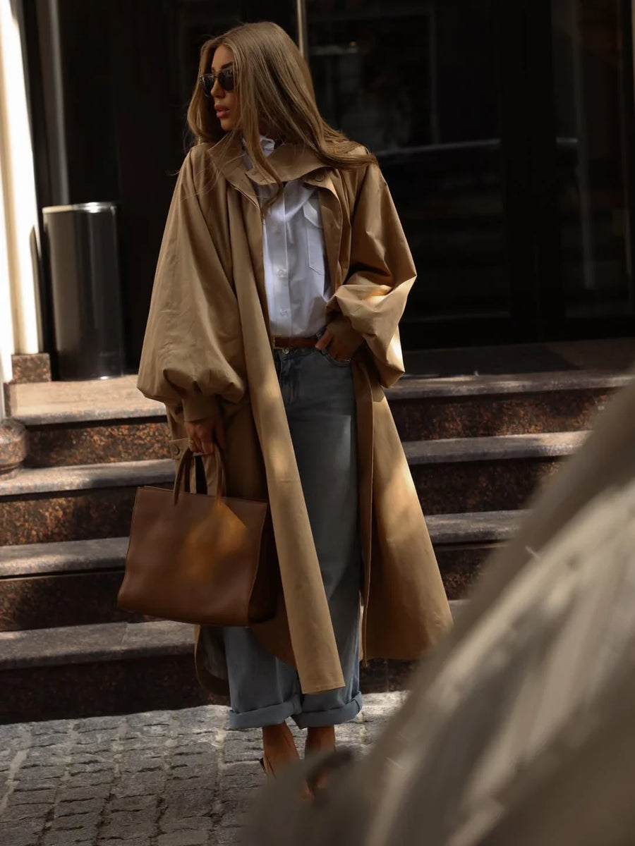 Damen Oversize Trenchcoat mit Ballonärmeln und Bindegürtel