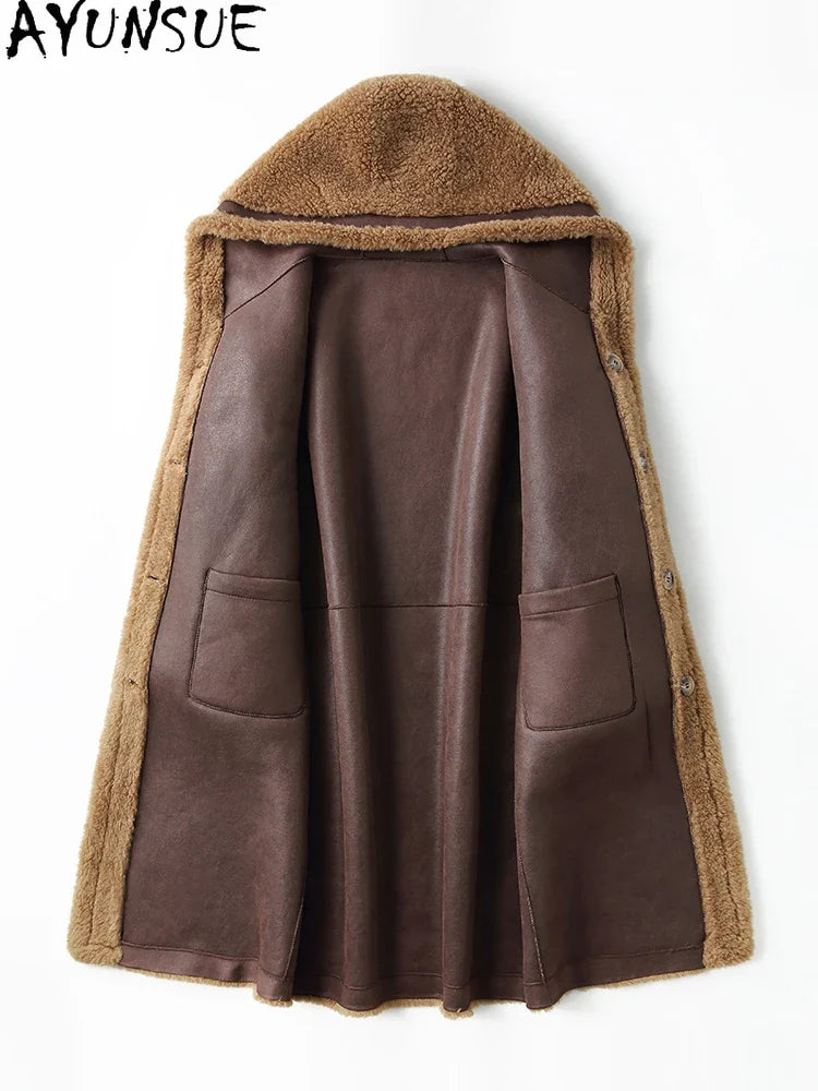 Damen Hooded Teddy Mantel Lang Flauschi Wintermantel mit Kapuze Braun
