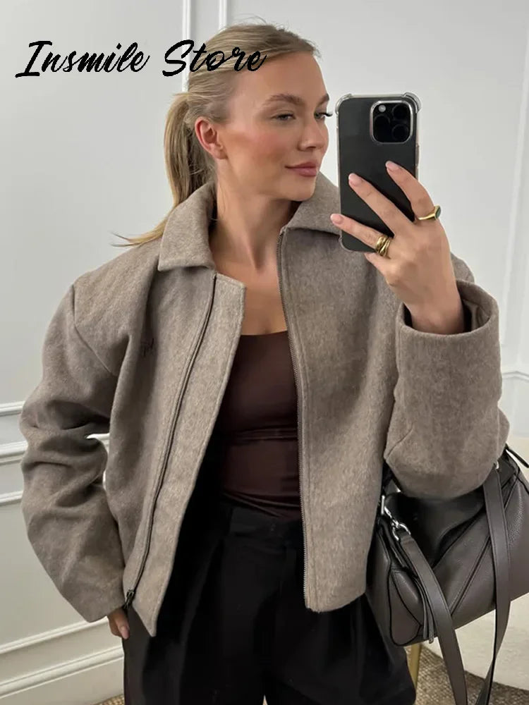 Kurze Jacke mit Reißverschluss und Kragen Damen Beige/Grau