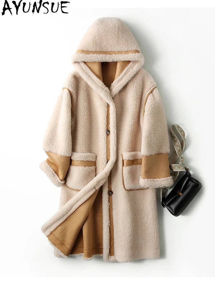 Damen Hooded Teddy Mantel Lang Flauschi Wintermantel mit Kapuze Braun