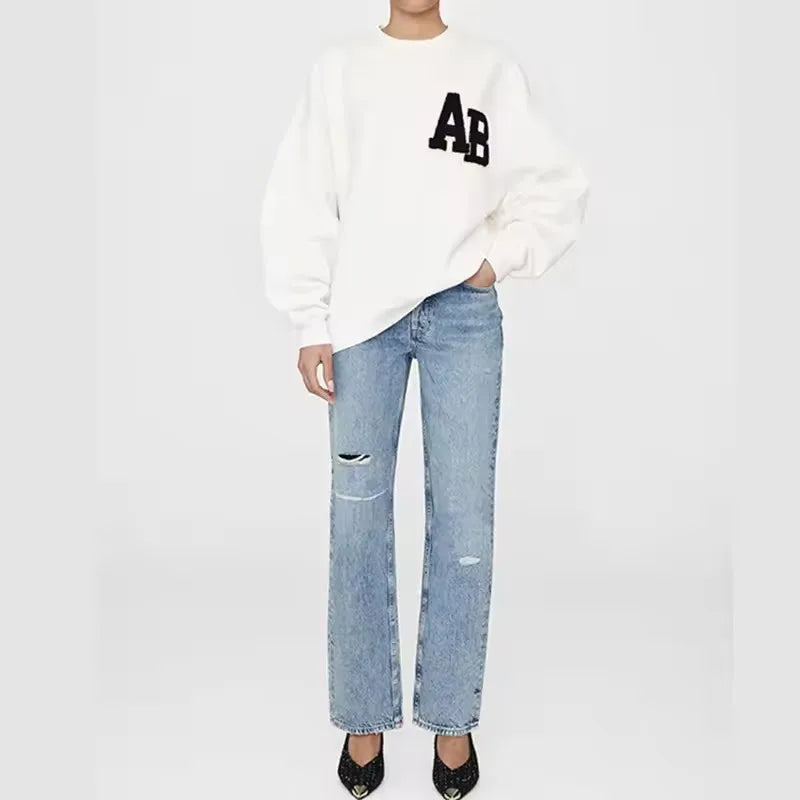 Grijs oversized damessweatshirt met ronde hals en logo-applicatie